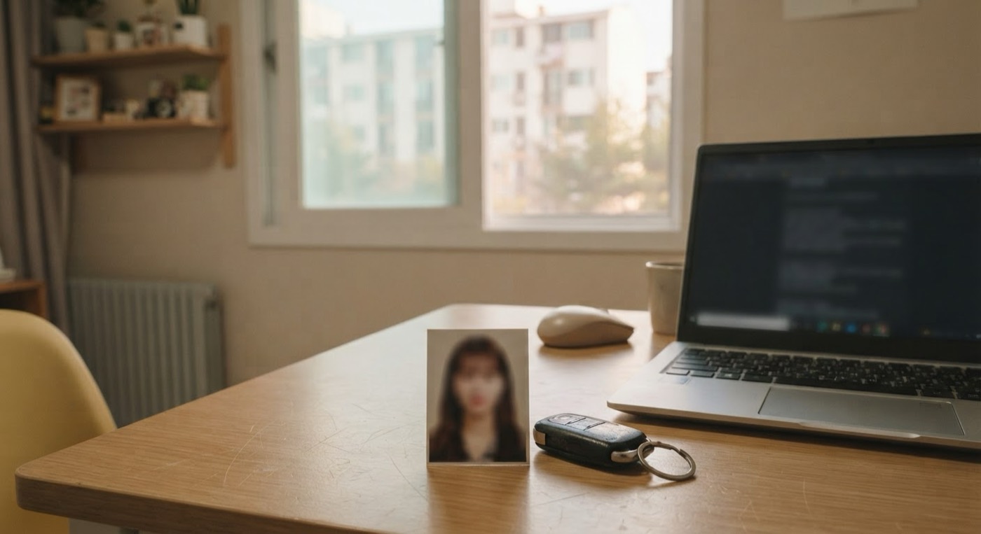 책상 위에 놓인 증명사진 한 장과 자동차 열쇠, 그리고 노트북