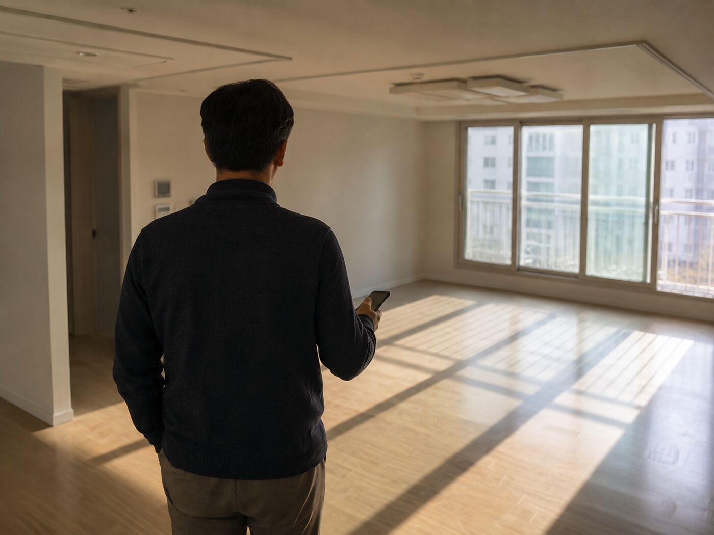 가구가 없는 빈 아파트 거실을 둘러보는 40대 남자의 뒷모습